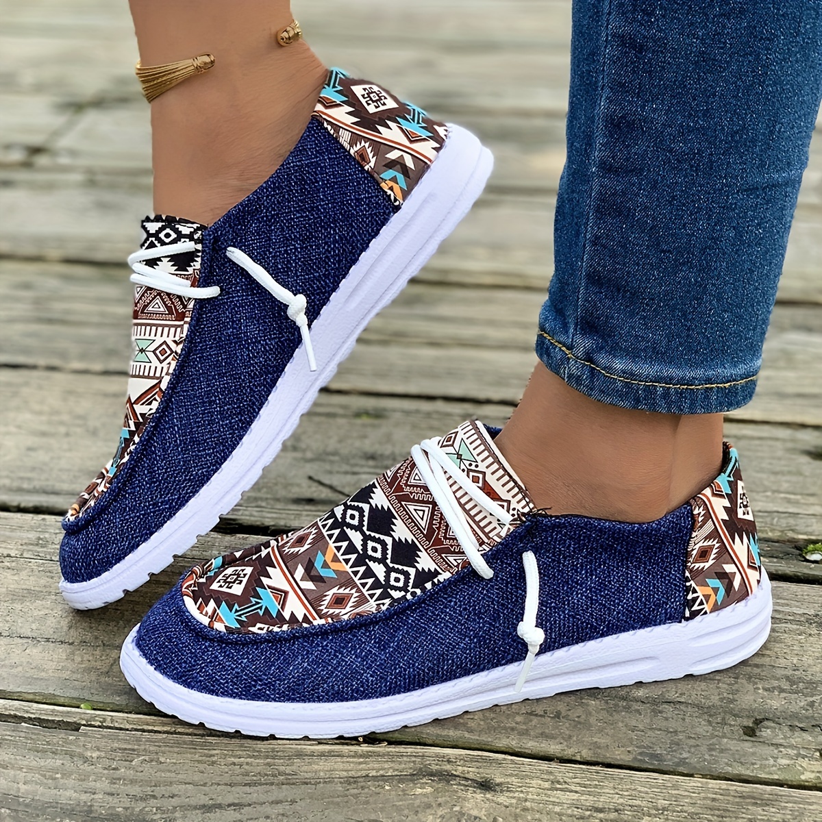 womens tribal print canvas shoes lightweight round toe low top sneakers casual outdoor walking flat shoes details 12