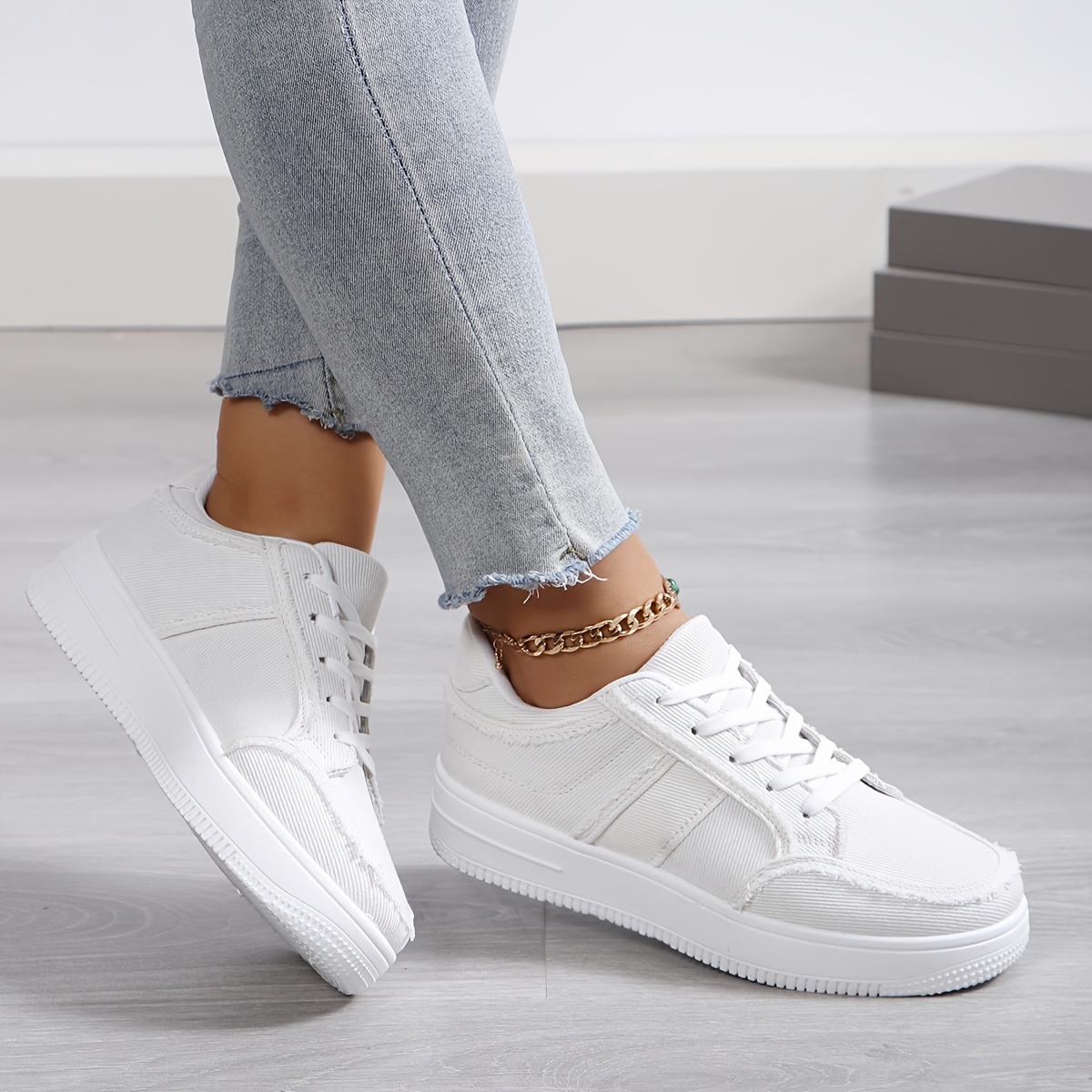 Women s Solid Color Casual Sneakers, Lace Up Lightweight Soft Sole Skate Shoes, Low-top Daily Canvas Shoes details 7