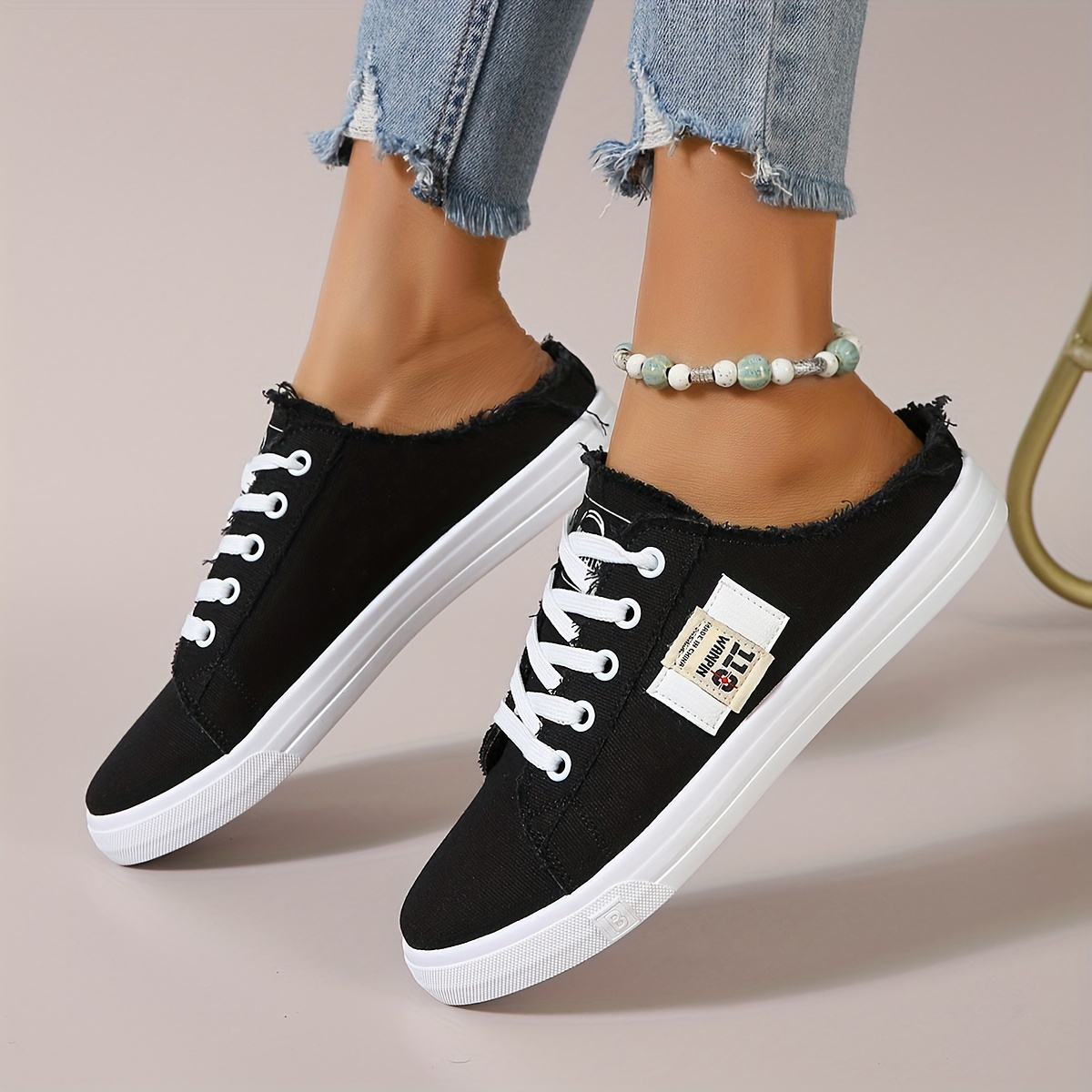 Women s Backless Flat Canvas Shoes, Casual Lace Up Low Top Mule Sneakers, Lightweight All-Match Skate Shoes details 2