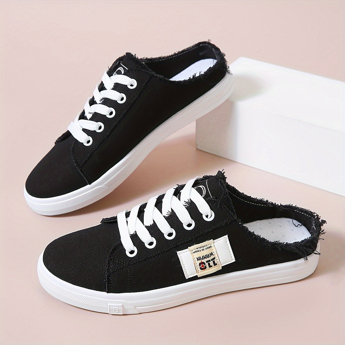 Women s Backless Flat Canvas Shoes, Casual Lace Up Low Top Mule Sneakers, Lightweight All-Match Skate Shoes details 3