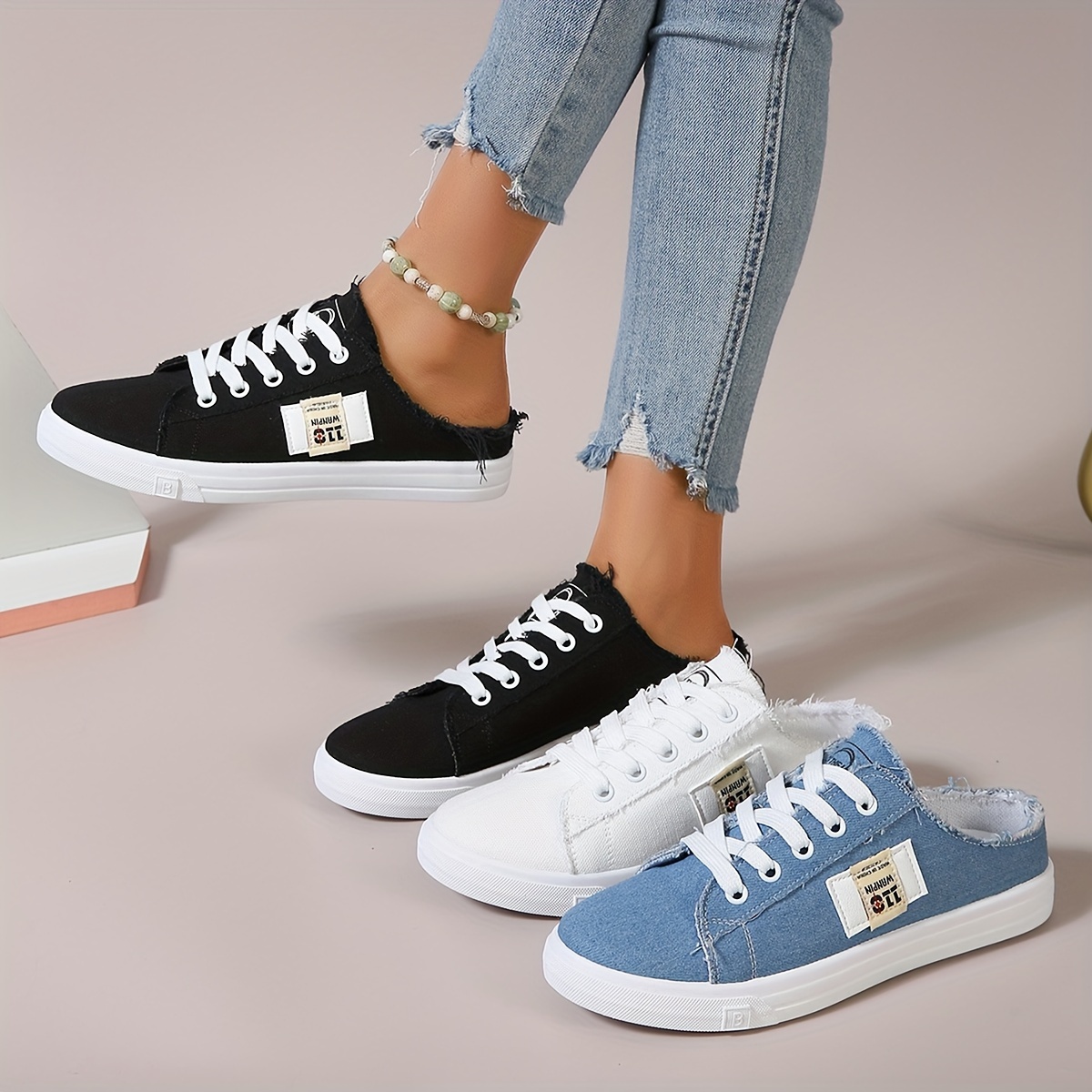 Women s Backless Flat Canvas Shoes, Casual Lace Up Low Top Mule Sneakers, Lightweight All-Match Skate Shoes details 4