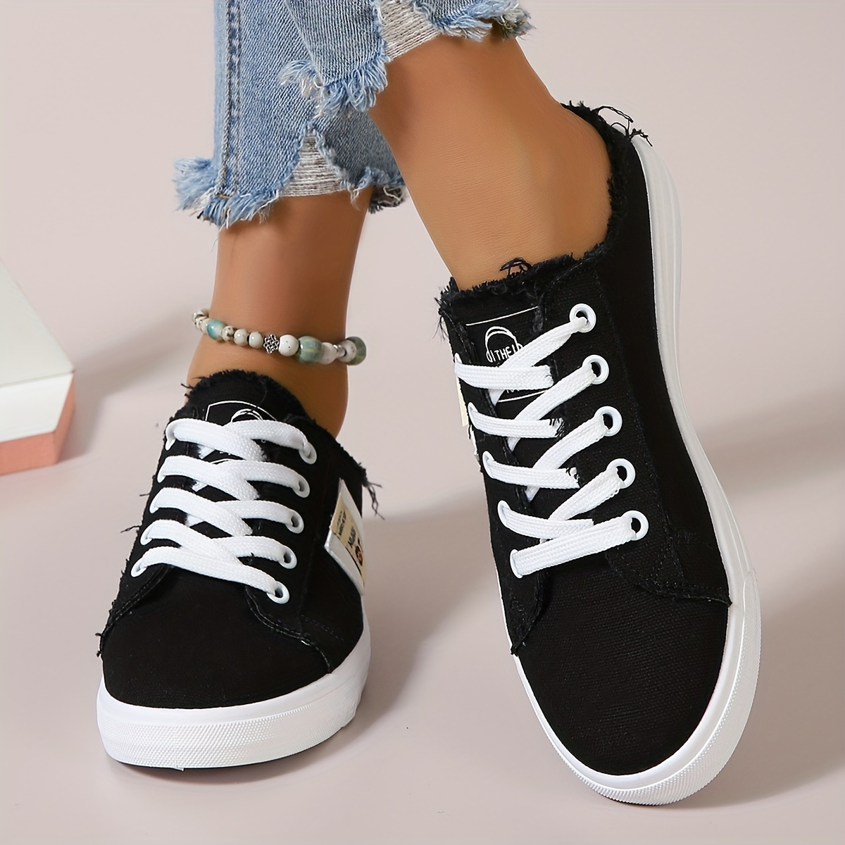 Women s Backless Flat Canvas Shoes, Casual Lace Up Low Top Mule Sneakers, Lightweight All-Match Skate Shoes details 8