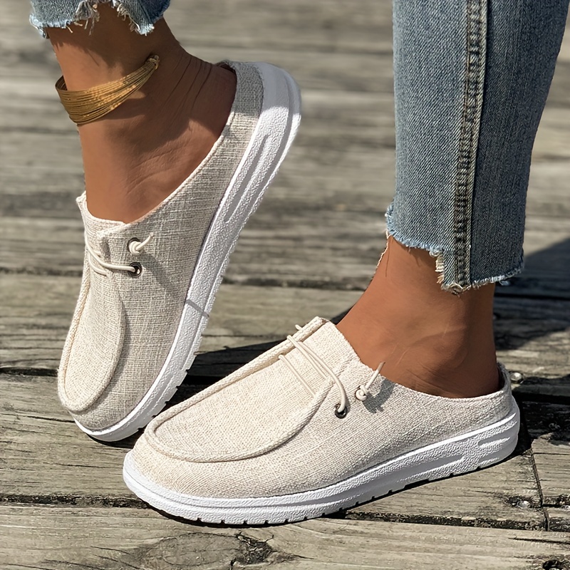 Women s Simple Solid Color Canvas Shoes, Casual Lace Up Outdoor Shoes, Lightweight Mule Sneakers details 2