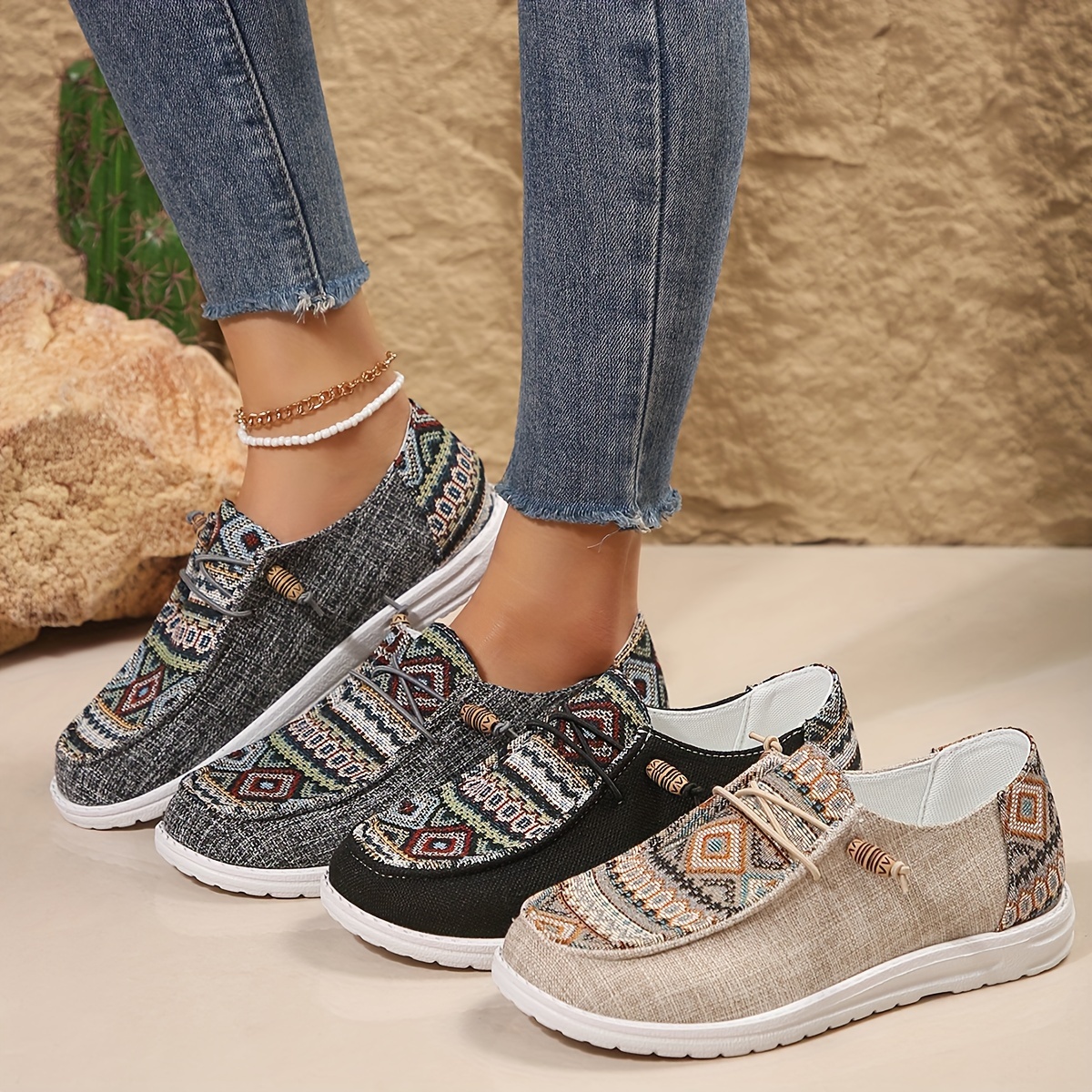 womens geometric pattern loafers soft sole lightweight slip on casual shoes low top walking canvas shoes details 0