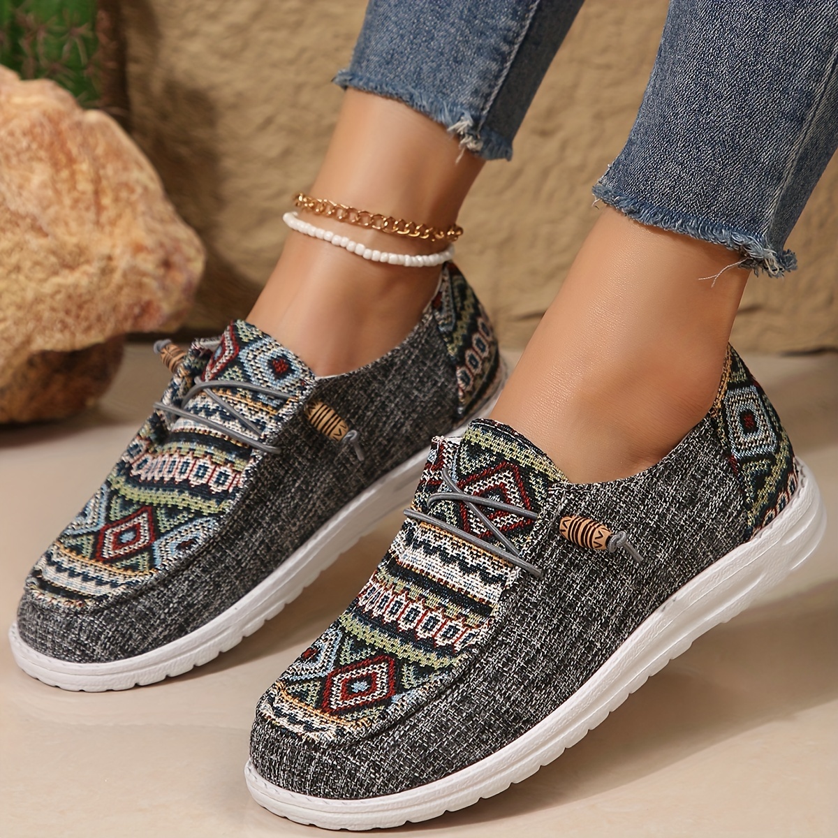 womens geometric pattern loafers soft sole lightweight slip on casual shoes low top walking canvas shoes details 5