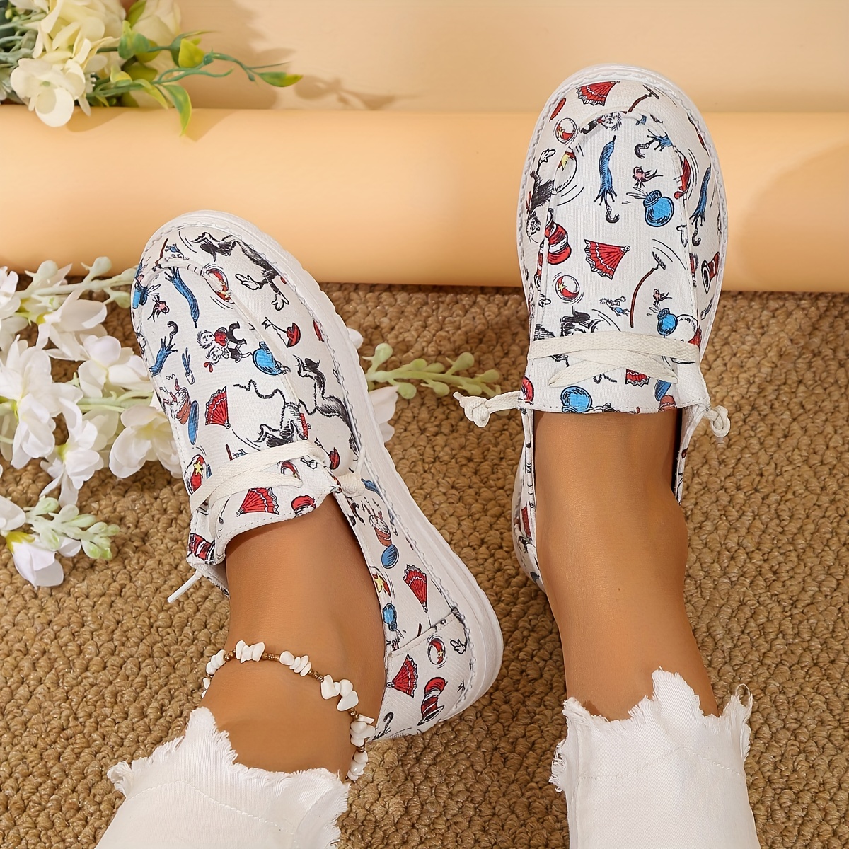 womens colorful cartoon print canvas shoes slip on round toe low top non slip flat lightweight shoes comfy outdoor shoes details 0