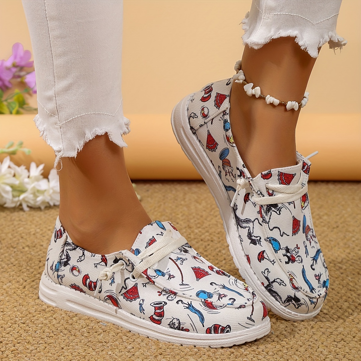 womens colorful cartoon print canvas shoes slip on round toe low top non slip flat lightweight shoes comfy outdoor shoes details 4