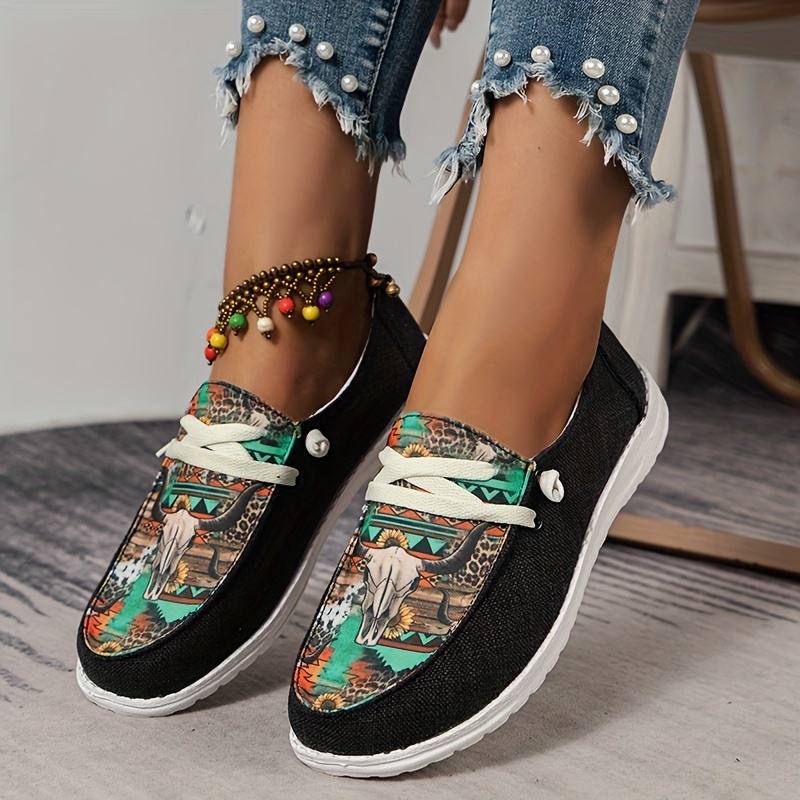 womens print canvas shoes casual low top slip on flat sneakers western style aztec walking shoes details 4