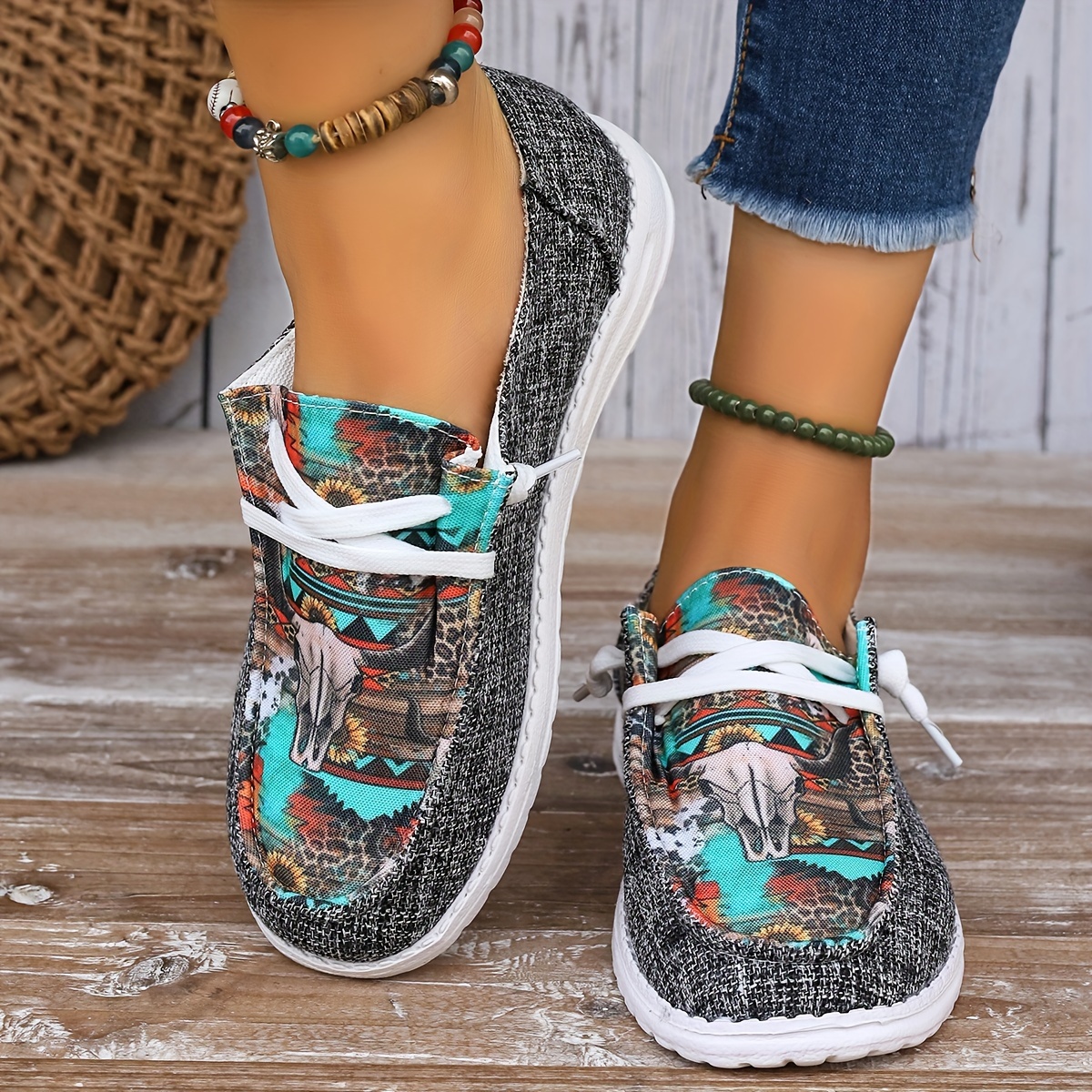 womens print canvas shoes casual low top slip on flat sneakers western style aztec walking shoes details 8