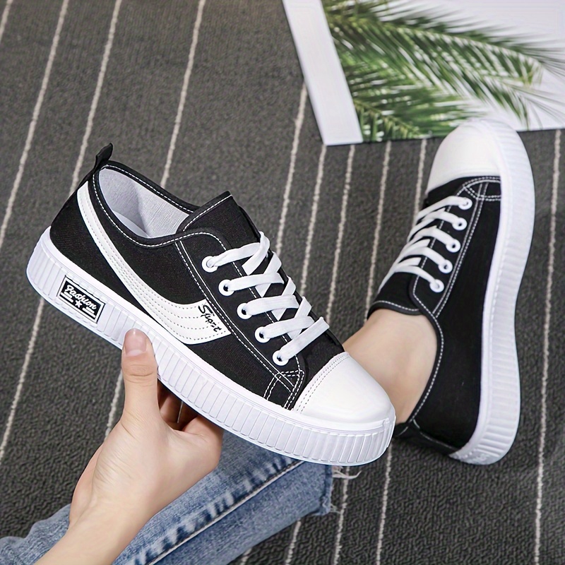 womens solid color stylish shoes lace up lightweight soft sole canvas shoes low top walking comfort shoes details 0