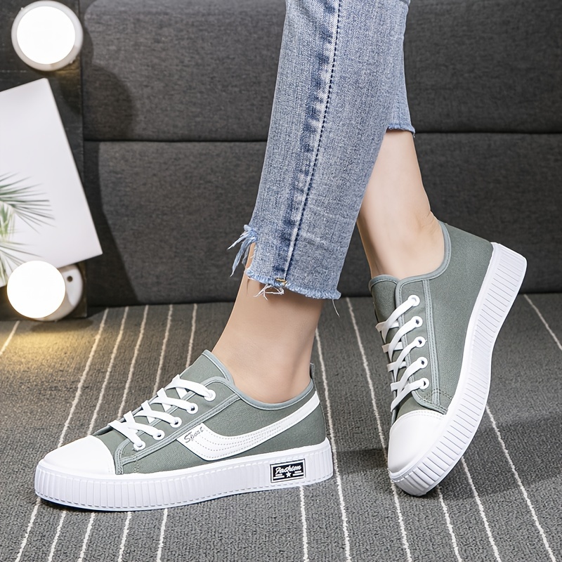 womens solid color stylish shoes lace up lightweight soft sole canvas shoes low top walking comfort shoes details 4