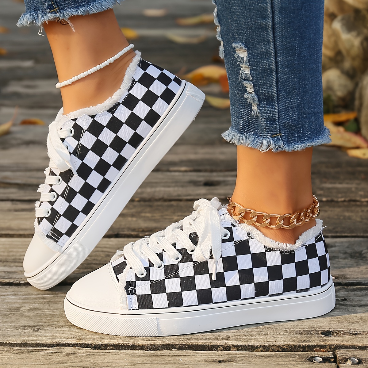 womens checkered canvas shoes raw trim lace up low top skate shoes casual all match flat sneakers details 1