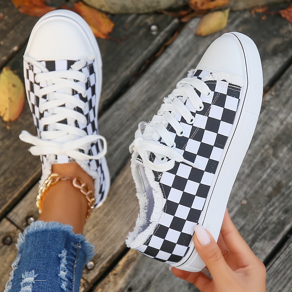 womens checkered canvas shoes raw trim lace up low top skate shoes casual all match flat sneakers details 2