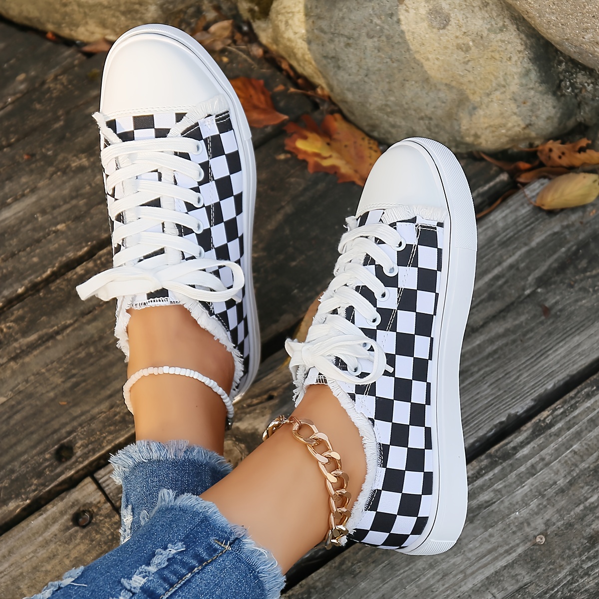 womens checkered canvas shoes raw trim lace up low top skate shoes casual all match flat sneakers details 4