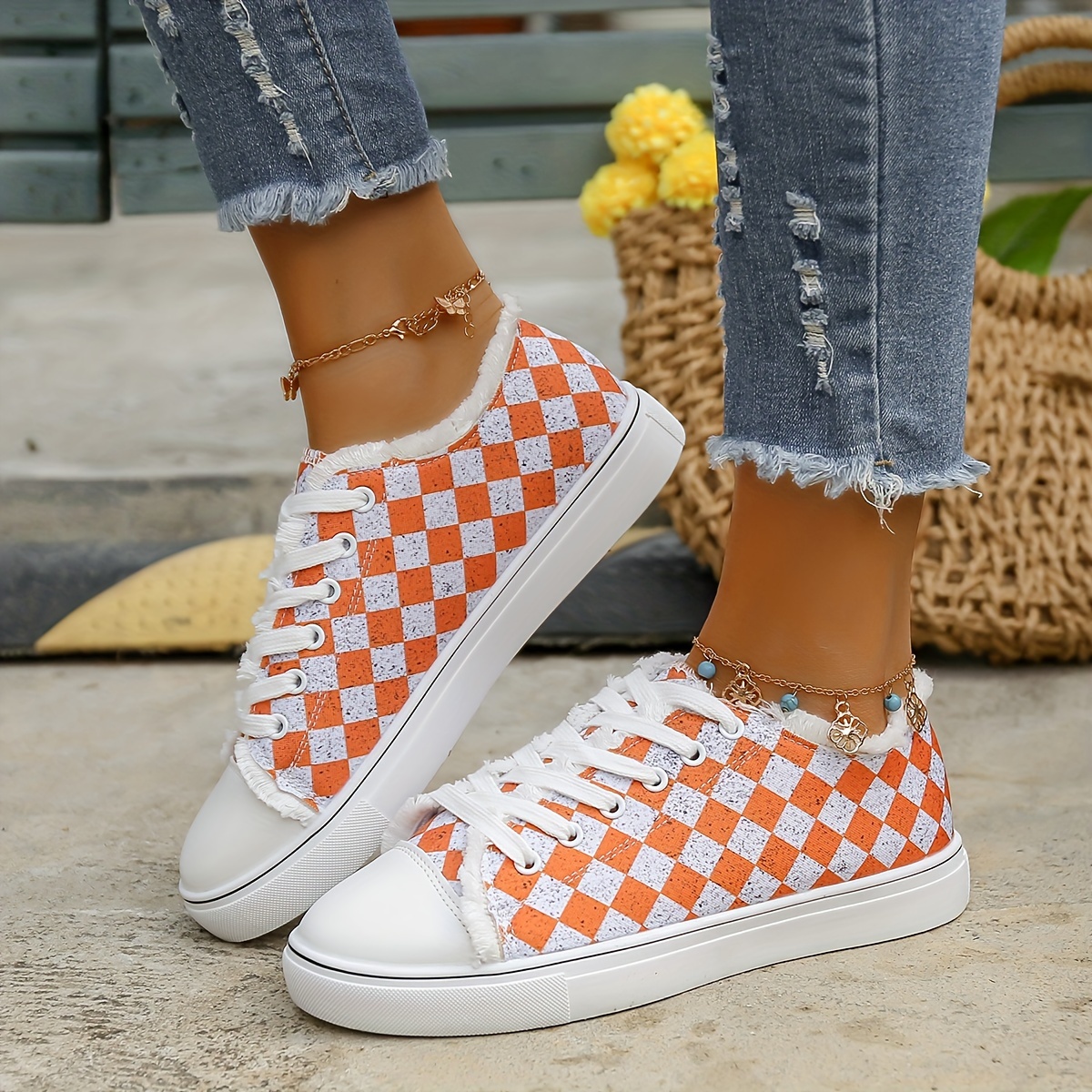 womens checkered canvas shoes raw trim lace up low top skate shoes casual all match flat sneakers details 8