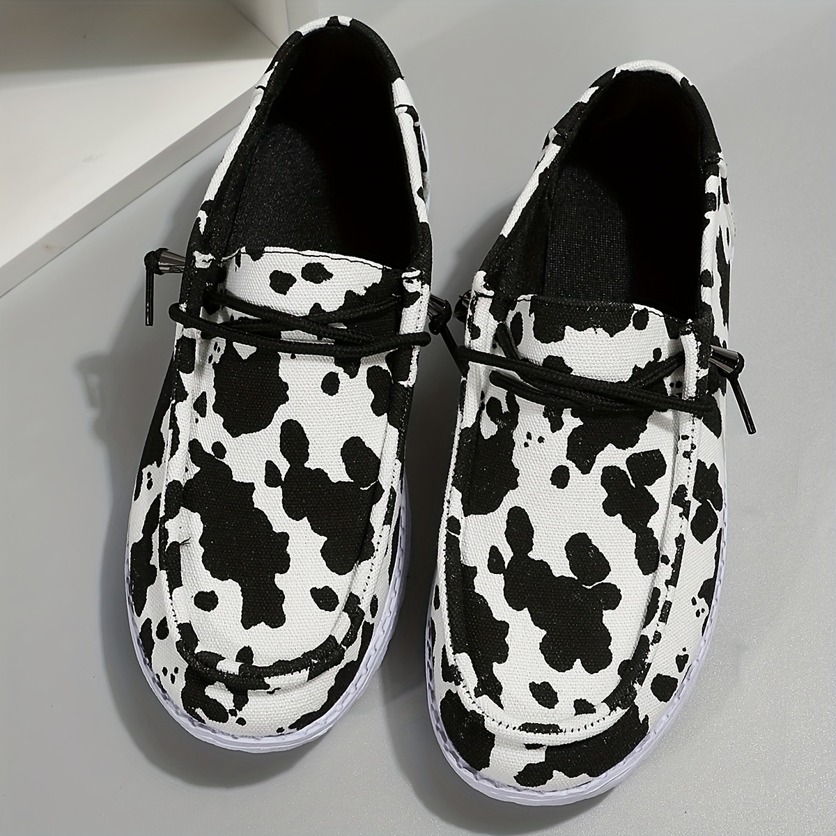 womens cow pattern loafers soft sole platform slip on casual shoes versatile low top canvas shoes details 3