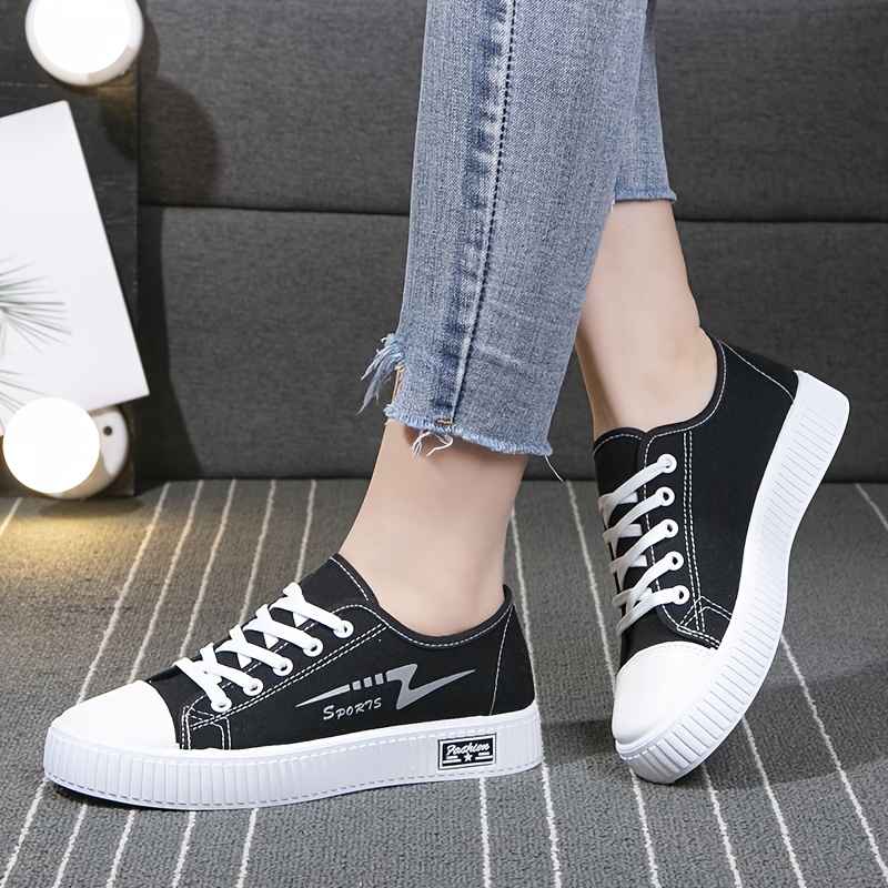 womens solid color casual shoes lace up soft sole lightweight skate shoes low top walking canvas shoes details 0