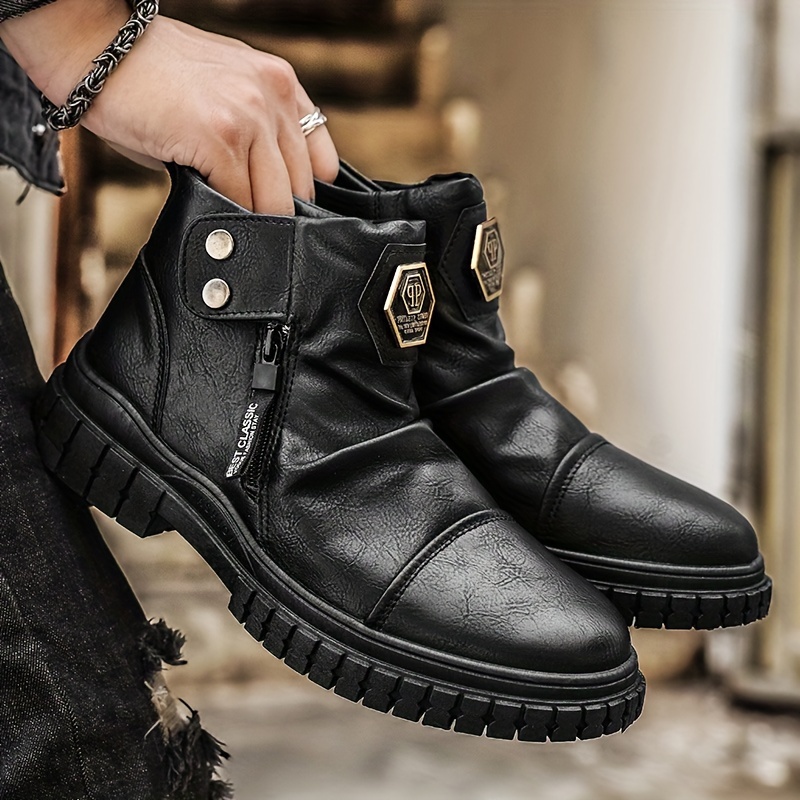 mens trendy casual ankle boots wear resistant anti skid side zippered boots with pu leather uppers for outdoor autumn details 3