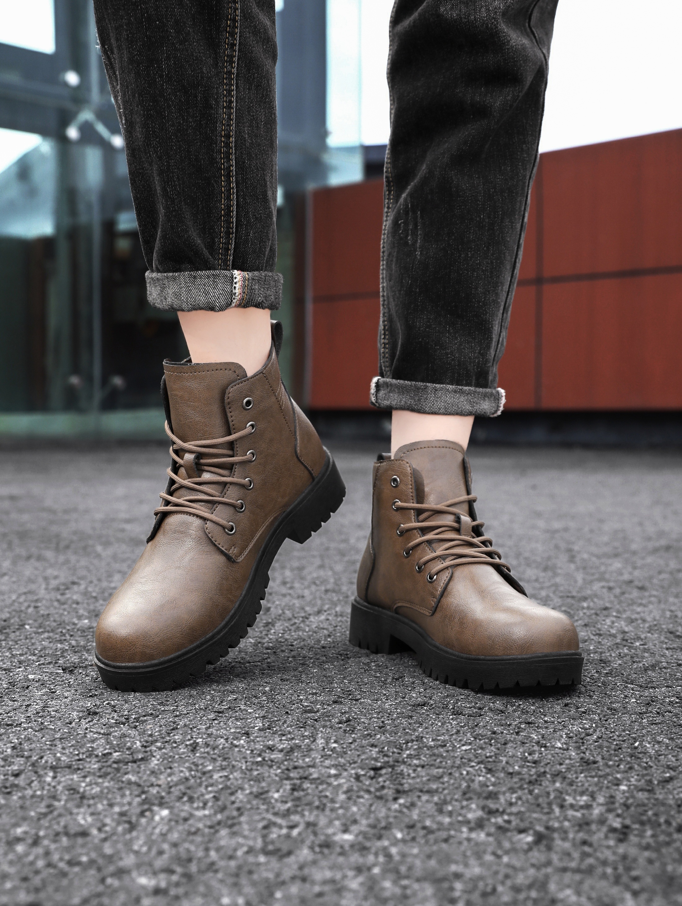 mens solid color casual ankle boots breathable anti skid lace up boots with pu leather uppers for outdoor details 6