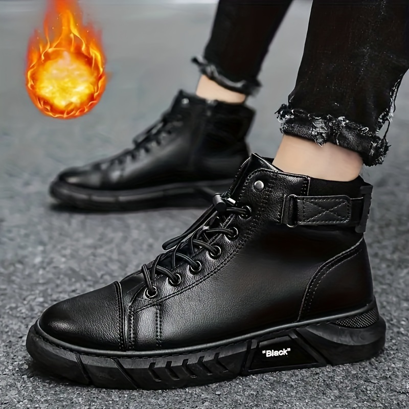 mens solid color no tie boots casual comfy anti skid walking shoes with hook loop fastener easily wiped clean details 7